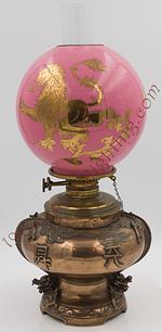Dragon Squat-Based Banquet Lamp with a Gold and Pink Griffin Shade.